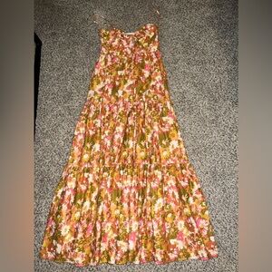 House of Harlow Bow Tie Front Linen Blend Tiered Maxi Dress Mustard-Pink Small